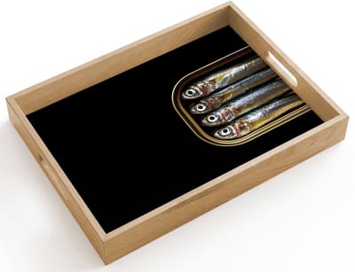 Dienblad hout 40x30 cm - Schootdienblad - Sardines - Blik - Zwart - Vissen - Borrelplank rechthoek - Plateau dienbladen