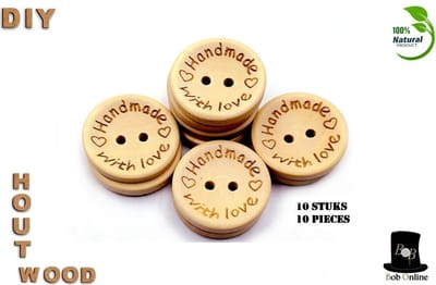 Bob Online ™ - 10 Stuks – 2 cm - Handmade with Love Ronde Houten Knopen met 2 Gaatjes – Houten Knoop – Voor Naaien – Hobby – DIY ‘Handmade with Love’ Wooden Buttons for Sewing & DIY Craft Projects