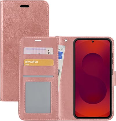 Hoesje - Met Pasjeshouder - Geschikt voor Samsung Galaxy S25 - Luxe Bookcase Portemonee - Flip Case - Kunstleer Book Case - Flipcase - Book Cover - Walletcase - Portemonneehoes - Rosé goud