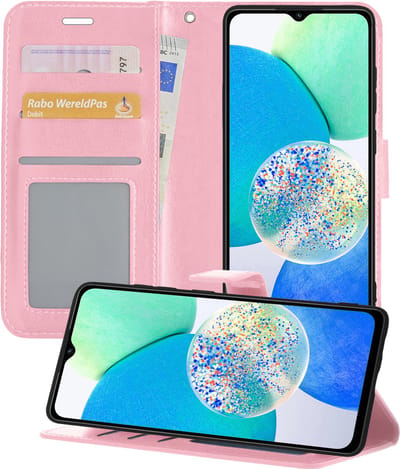 Hoesje - Met Pasjeshouder - Geschikt voor Samsung Galaxy A14 - Luxe Bookcase Portemonee - Flip Case - Kunstleer Book Case - Flipcase - Book Cover - Walletcase - Portemonneehoes - Telefoonhoesjes - Lichtroze