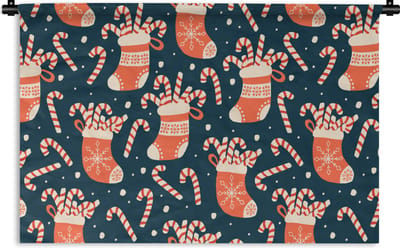 Wandkleed - Wanddoek - Sokken - Snoep - Kerst - Patronen - 90x60 cm - Wandtapijt