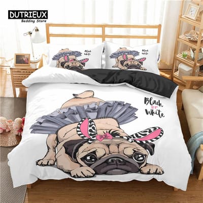 Mopshond Dekbedovertrek Set Huisdier Hond Beddengoed Set Polyester Grappig Cartoon Dier Dekbedovertrek Volledig King Size Voor Kinderen Kind Tieners Decor EU single(135x200cm)