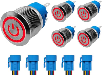 ProRide Drukschakelaar ON-OFF 220V - 22mm Metaal - Waterdicht - LED Rood - Met Kabels - 5 stuks