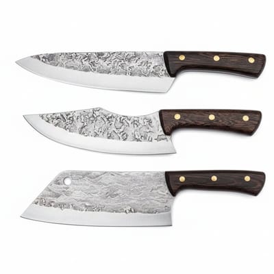 BBQ Messen - Koksmes en Hakmes voor Barbecue - 3-delige Messenset met Damascus print - Eikenhouten Gepolijst Handvat