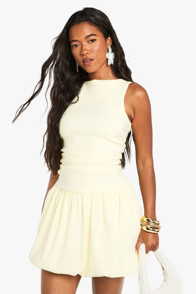 boohoo Dames Getailleerde mini-jurk met slash-hals en puffball | Citroen | Maat: 38