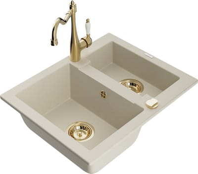 Mexen Carlos granieten gootsteen 1,5-komors met keukenmengkraan Carla, beige - 6518-69-670700-50