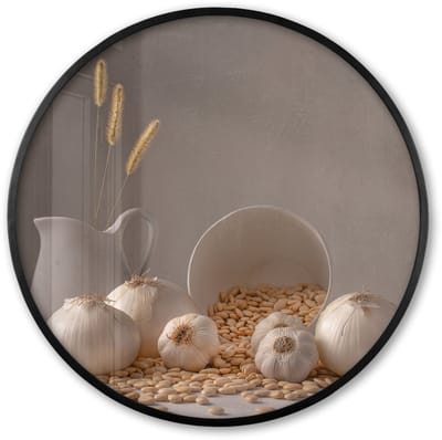 Poster in lijst Rond - Fotolijst 60x60 cm - Posters - Uien - Stilleven - Wit - Beige - Ronde posterlijst zwart - Decoratie - Wanddecoratie woonkamer - Muurdecoratie slaapkamer