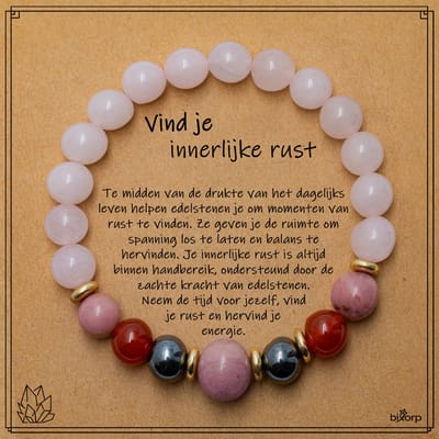 Bixorp Rozenkwarts + Carneool + Hematiet + Rhodoniet Armband op Cadeau Kaartje - Innerlijke Rust - 8mm / 18cm Edelsteen Kralenarmband - Inclusief Cadeau Envelop