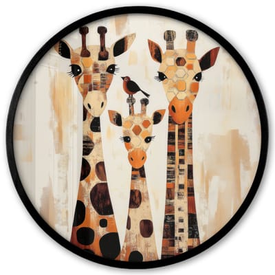 Poster in lijst Rond - Fotolijst 40x40 cm - Posters - Giraffen - Cartoon - Crème - Ronde posterlijst zwart - Decoratie - Wanddecoratie woonkamer - Muurdecoratie slaapkamer