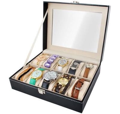 10 Horloges Compartimenten Horlogedoos - Horlogedoos Met Kussentjes - Horloge Opbergbox Houder Kist - Opbergkist Heren/Dames - Zwart Leer - LOUZIR