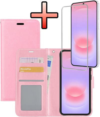 Hoesje - Met Screenprotector - Geschikt voor Samsung Galaxy A37 - Luxe Pasjeshouder - Bookcase Portemonee - Flip Case - Kunstleer Book Case - Flipcase - Book Cover - Walletcase - Portemonneehoes - Lichtroze