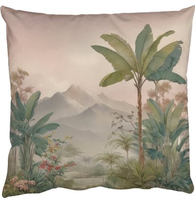 Sierkussens - Kussentjes Woonkamer - 50x50 cm - Tropisch landschap - palmbomen - Bloemen - Roze lucht