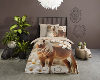 Pure dekbedovertrek paard & bloemen - 1 persoons 140x200/220 cm - Zand - Microvezel