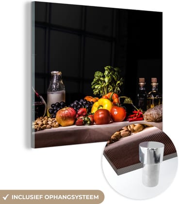 MuchoWow® Glasschilderij 90x90 cm - Schilderij acrylglas - Stilleven - Eten - Drinken - Fruit - Zwart - Foto op glas - Muurdecoratie woonkamer - Wanddecoratie slaapkamer - Schilderijen