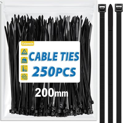 250x Zwarte Kabelbinders 200mm x 4.8mm - Sterke Nylon Ties voor Kabelbeheer en Bevestiging