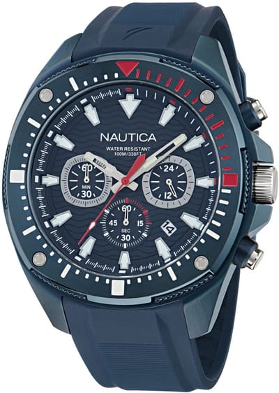 Nautica Nct Bluesail Quartz Analoog Horloge Blauw En Zwart Material 100% Roestvrij Staal & 100% Siliconaarmband 46 mm NAPBSF501, NAPBSF502, NAPBSF503
