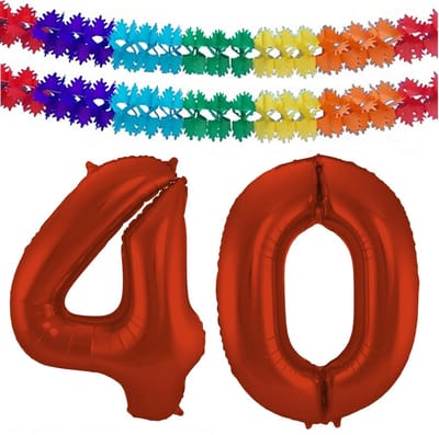Folat Verjaardag Leeftijd folieballon - 40 jaar - rood - 86 cm - cijferballon groot - incl 2x feestslingers
