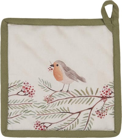 Clayre & Eef Pannenlap 20x20 cm Beige Groen Katoen Vogel