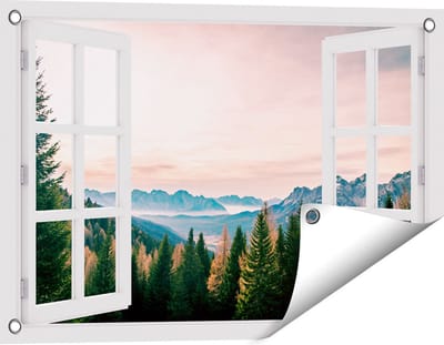 Gards Tuinposter Doorkijk Bos met Bomen bij Bergen Landschap - 60x40 cm - Tuindoek - Tuindecoratie - Wanddecoratie buiten - Tuinschilderij