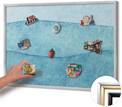 Wallfluent - Blauw Magneetbord in Stijlvolle Kleuren - 100 cm x 70 cm - Magneetbord met Zilveren Frame - Aquarelblauwe golven - Magnetisch Wandbord - Memobord Magnetisch - Magnetisch Bord Kindvriendelijk