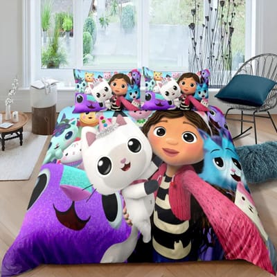 Housse de couette imprimée en 3D Taie d'oreiller Ensemble de literie Twin Full King pour Enfants Adultes Chambre Gabbys Doll house 140x200cm 3pcs