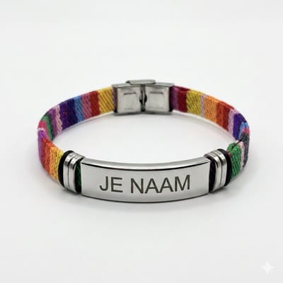 Armband met graveer, Armband met naam, Armband met gravure kleurrijk - textielband - RVS naamplaat - gepersonaliseerd, Armband met naamplaatje ,graveerarmband