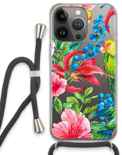 Case Company® - Hoesje met koord geschikt voor iPhone 13 Pro hoesje met Koord - Papegaaien - Telefoonhoesje met Zwart Koord - Bescherming aan alle Kanten en Over de Schermrand