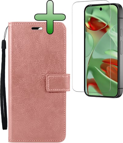 Hoesje Met Screenprotector - Geschikt voor Google Pixel 9 Pro XL - Luxe Pasjeshouder - Bookcase Portemonee - Flip Case - Kunstleer Book Case - Flipcase - Book Cover - Walletcase - Portemonneehoes - Rosé goud