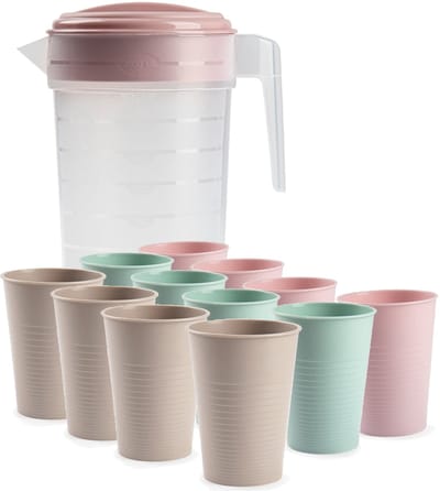 Plasticforte Water of limonade schenkkan - sapkan - 2 liter - 12x kunststof glazen - 360 ML