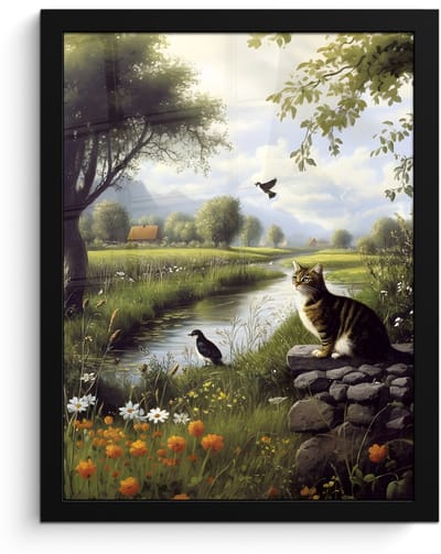 Poster in lijst - Fotolijst 30x40 cm - Posters - Kat - Beekje - Weide - Posterlijst zwart - Decoratie - Wanddecoratie woonkamer - Muurdecoratie slaapkamer