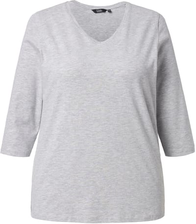 Ulla Popken - Dames - Shirt hartborduursel classic V-hals 3/4-mouwen - Lichtgrijs melange - Maat 46+