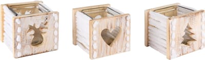 Dekoratief | Theelichthouder m/hartje/boompje/rendier, hout, 10x10x10cm, set van 3 stuks | A245366