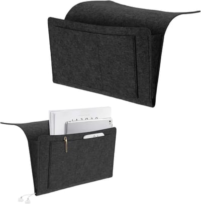 Famanu – Bedorganizer om op te hangen - vilten bedtas om op te hangen - opbergtas - tijdschriften - boek - mobiele telefoon (zwart)