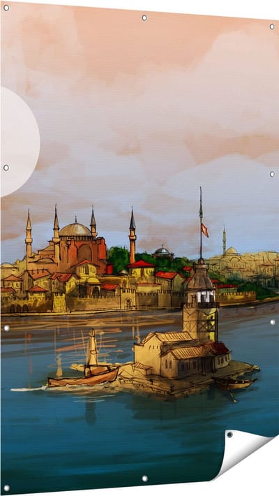 Gards Tuinposter Illustratie van de Maiden's Tower in Istanbul - 100x150 cm - Tuindoek - Tuindecoratie - Wanddecoratie buiten - Tuinschilderij