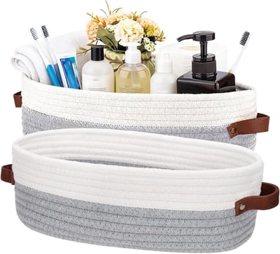 Set van 2 Katoenen Gevlochten Mandjes 28 x 10 x 10 cm met Leren Handvatten voor Badkamer, Slaapkamer en Keuken (Wit en Grijs)