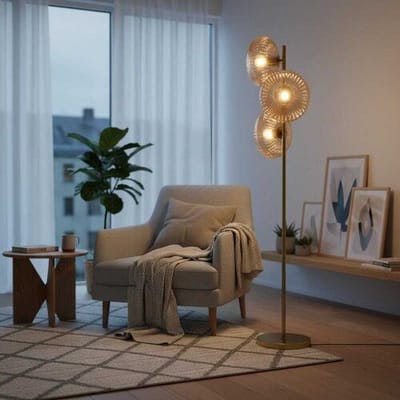 Lusenz - Virello - Gouden Staande lamp Metaal 150 cm - 3 bollen - Klassiek Vintage Design - Retro - Woonkamer lamp - E27 fitting - Amberkleurig glas - Met voetschakelaar