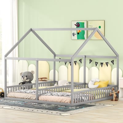 REDOM Ledikant 2x 90x200 cm van dennenhout/MDF – Huismodel 2-in-1 met middenreling, sierdak en ramen – Grijs