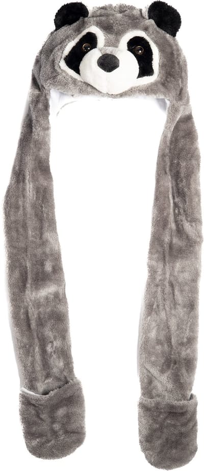KIMU® Muts Wanten Grijze Wasbeer - Sjaalmuts met Oortjes Wasbeertje Grijs - Bontmuts Kinderen - Volwassenen Klein Hoofd - Wasberenmuts Pluche Kindermuts Festival