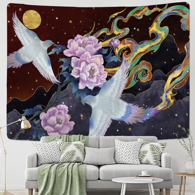 Tapisserie murale à l'huile représentant une grue de style chinois, style bohème, hippie, esthétique, décoration d'intérieur 95x70cm white