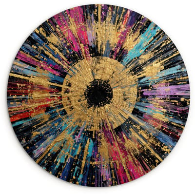 WallCircle® Wandcirkel 120x120 cm - Muurcirkel Explosie - Goud - Kleurrijk - Abstract - Muurdecoratie woonkamer - Wanddecoratie slaapkamer - Kamer decoratie accessoires - Ronde schilderijen XXL