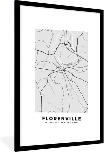 Fotolijst incl. Poster Zwart Wit- Kaart – Plattegrond – Stadskaart – Florenville – België – Zwart Wit - 60x90 cm - Posterlijst