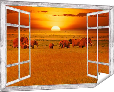 Gards Tuinposter Doorkijk Olifanten in het Wild - Zonsondergang - 150x100 cm - Tuindoek - Tuindecoratie - Wanddecoratie buiten - Tuinschilderij