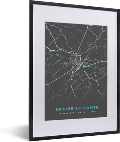 Fotolijst incl. Poster - België – Braine le Comte – Stadskaart – Kaart – Blauw – Plattegrond - 30x40 cm - Posterlijst