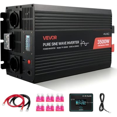 VEVOR 3500 W Omvormer, 12 V DC naar 230 V AC, Zuivere sinusomvormer, Zonne-energie autolader converter met LCD-display, afstandsbediening, USB-poort, 2 stopcontacten, Type-C-poort