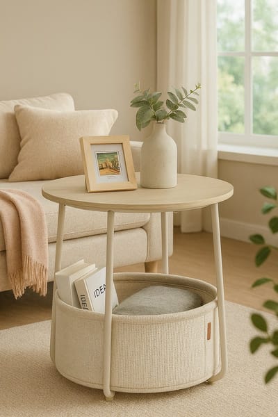 Bobbel Home - Ronde salontafel - Bijzettafel - Met stoffen mand - Opbergruimte - Moderne tafel, Crèmewit