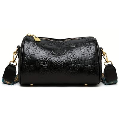 Etnische Bloemen Reliëf Crossbody Tas, Vintage Cilindertas Voor Dames, Mode Schoudertas Met Brede Band zwart