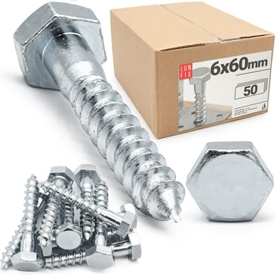 LUN FIX - Houtschroeven Zeskant - 50 Stuks - 60 mm - Zeskantkop - Verzinkt staal - Houtbouwschroeven
