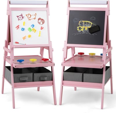 COSTWAY 3-in-1 schoolbord voor kinderen, dubbelzijdig kinderbord met papierrol, magnetisch krijtbord en whiteboard, incl. 3 gekleurde bekers en 2 dozen, schildersezel voor kinderen vanaf 3 jaar (roze)