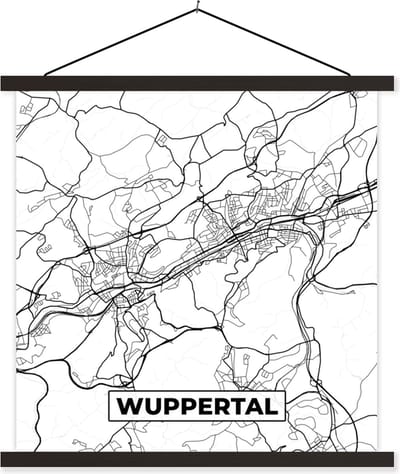 Posterhanger incl. Poster 60x60 cm - Schoolplaat - Plattegrond - Wuppertal - Kaart - Stadskaart - Textielposter - Zwarte latten - Stadskaart