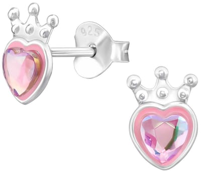 Joy|S - Zilveren hartje oorbellen - met kroontje - roze - 5.5 x 8 mm - prinses oorknopjes - kinderoorbellen - sterling zilver 925